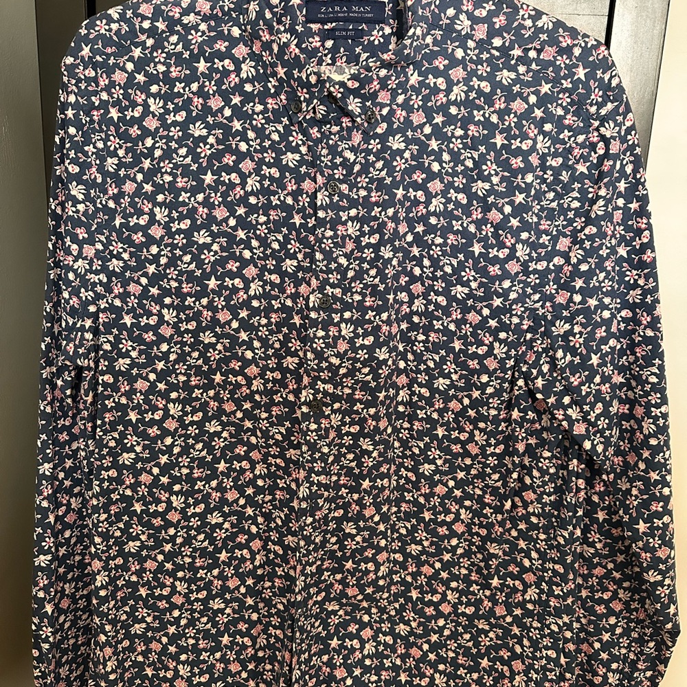 Zara Navy Button-Down Shirt with Pink Floral Print